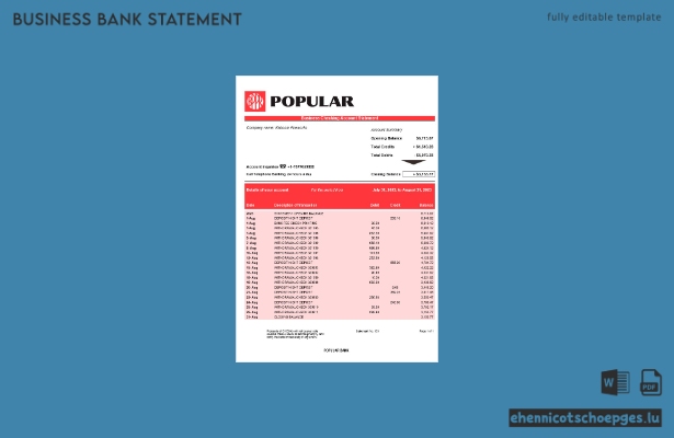 Beispiel eines Kontoauszugs der Popular Bank (Word- und PDF-Datei)